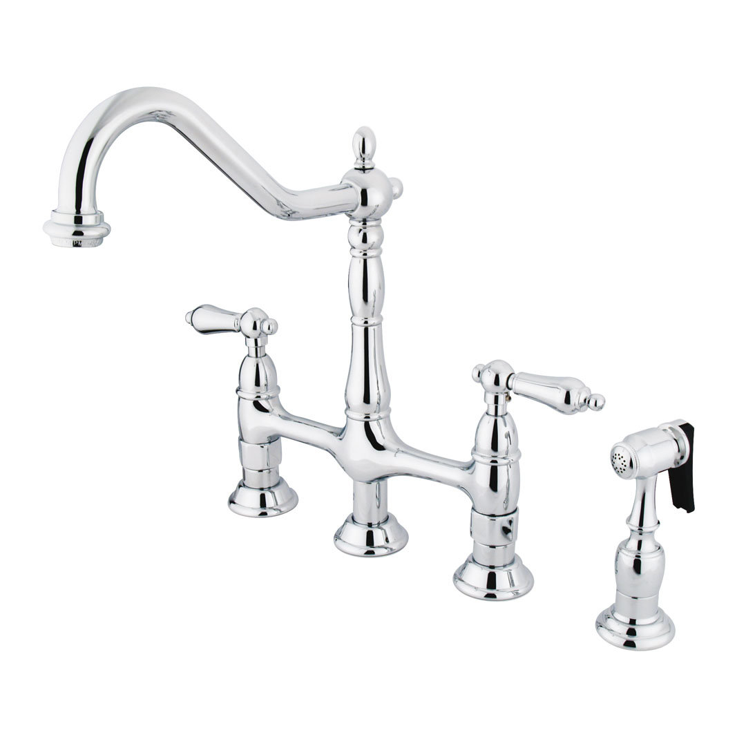 Kingston Brass Heritage Two-Handle 4-Hole Deck Mount Bridge Kitchen Faucet with Brass Side Sprayer